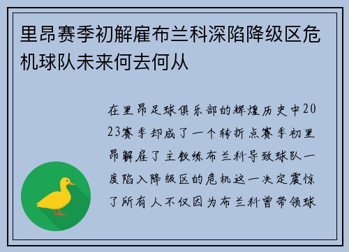 里昂赛季初解雇布兰科深陷降级区危机球队未来何去何从